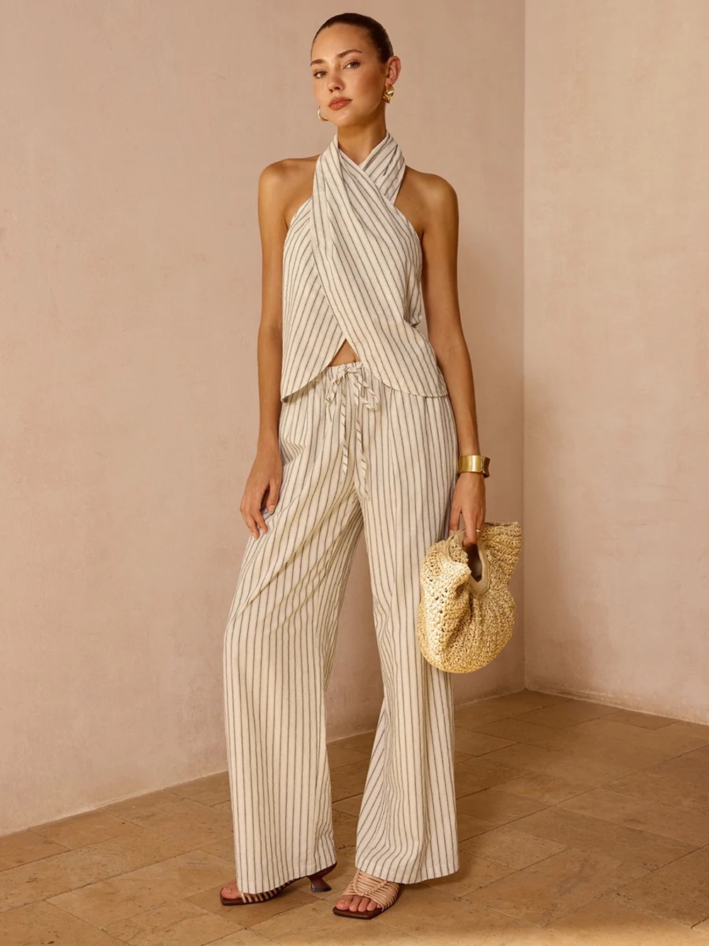 Commmense Striped Cotton Linen Halter Top & Pants Set